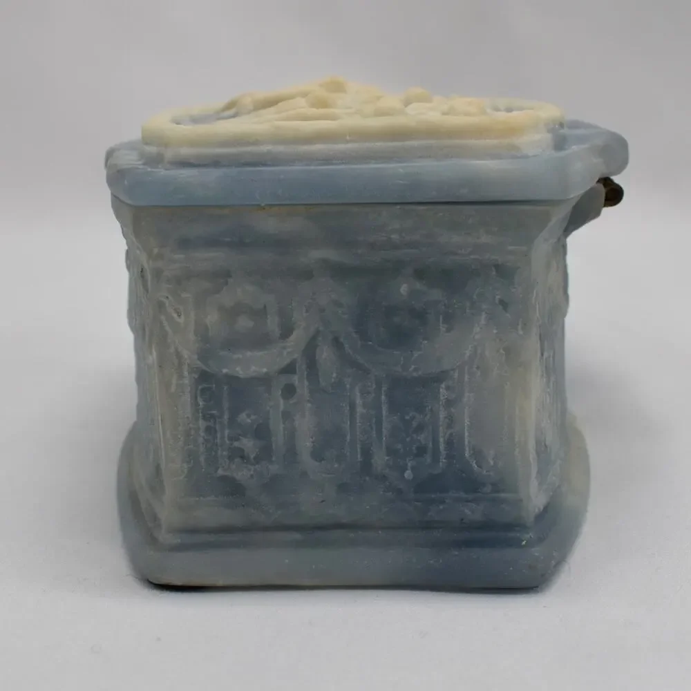 Vintage Genuine Incolay Stone Jewelry Box Blue Cream Marbled Trinket Keepsake